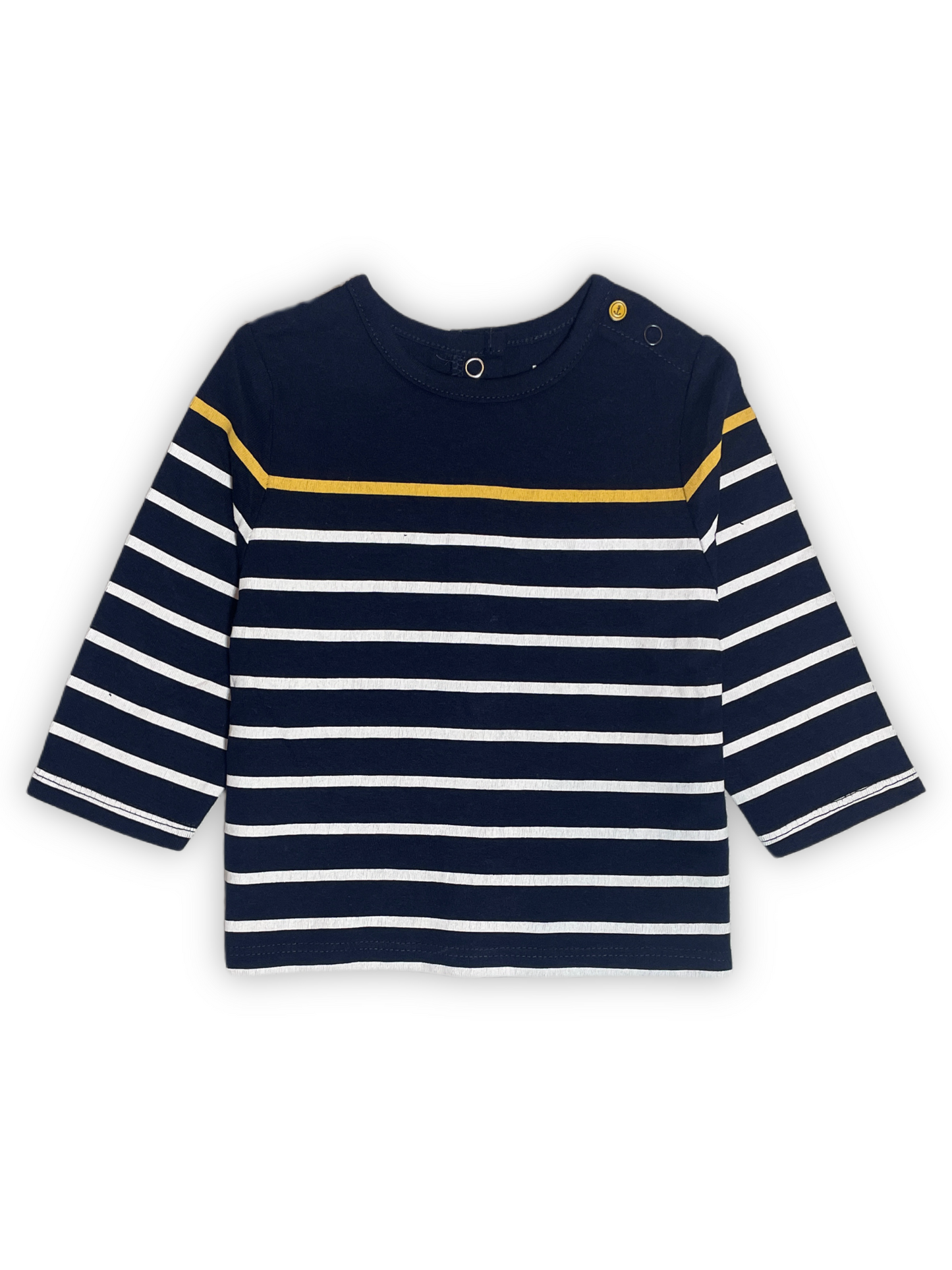 Navy and White Striped Shirt with Yellow Stripe