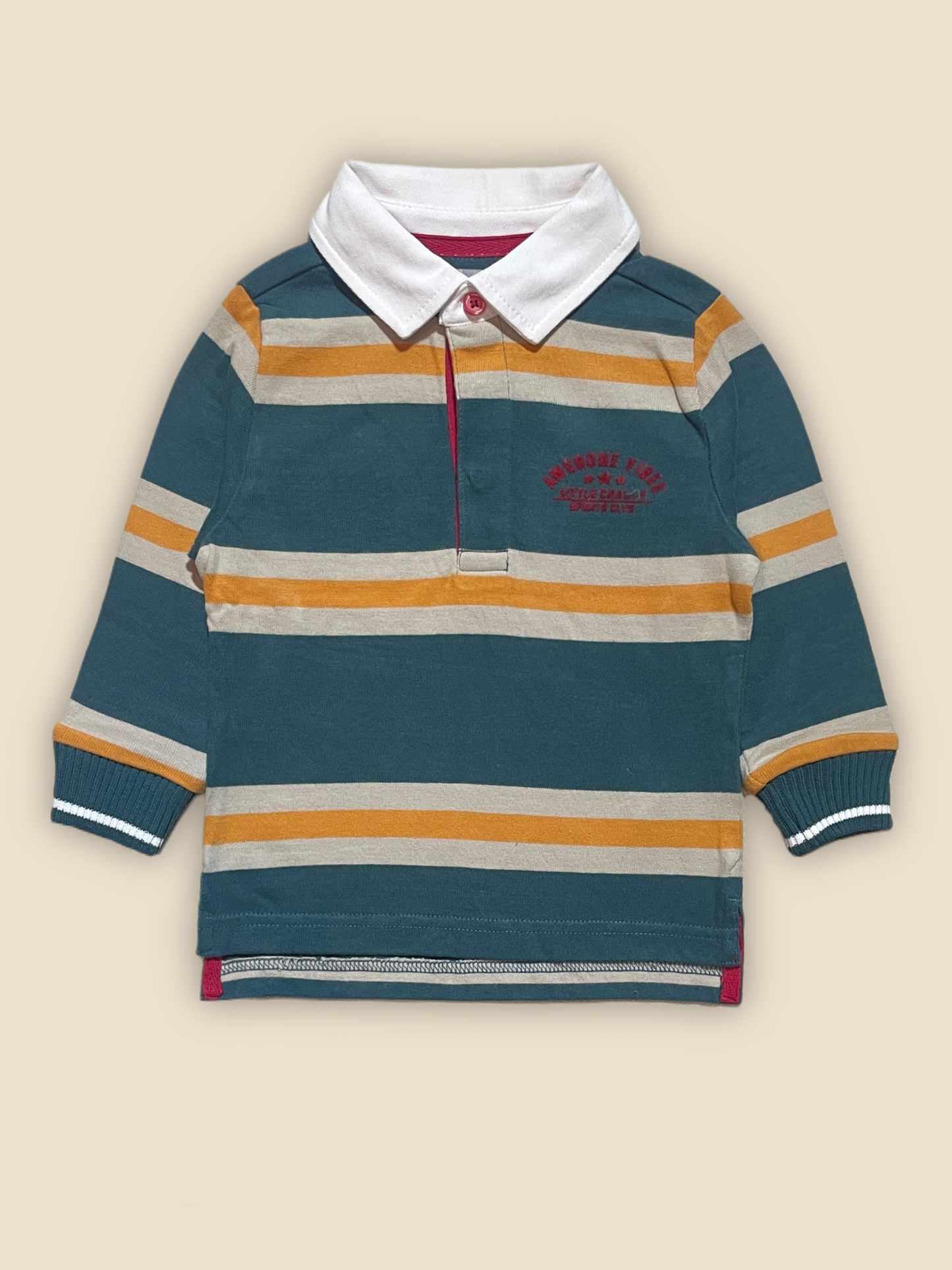 Striped Rugby Shirt with a Red Trim on the Collar and a Small Logo on the Chest.