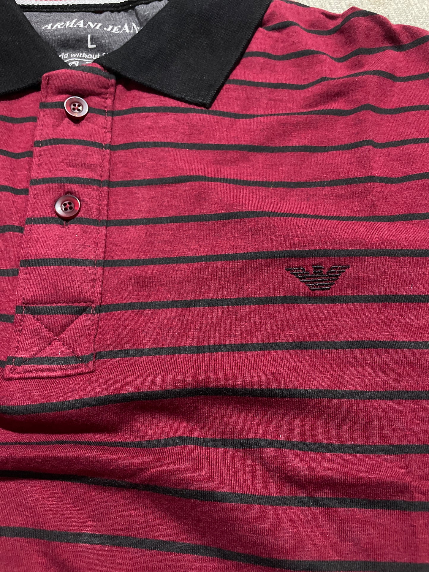 Burgundy Striped Polo Shirt with Black Contrast Collar