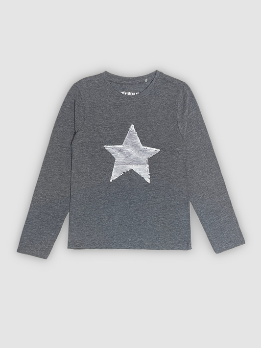 Grey Long Sleeve T-shirt with Sequined Star