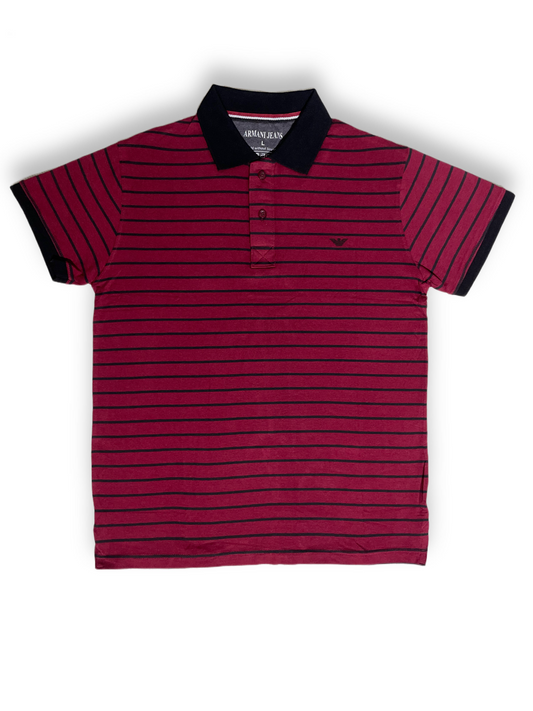 Burgundy Striped Polo Shirt with Black Contrast Collar