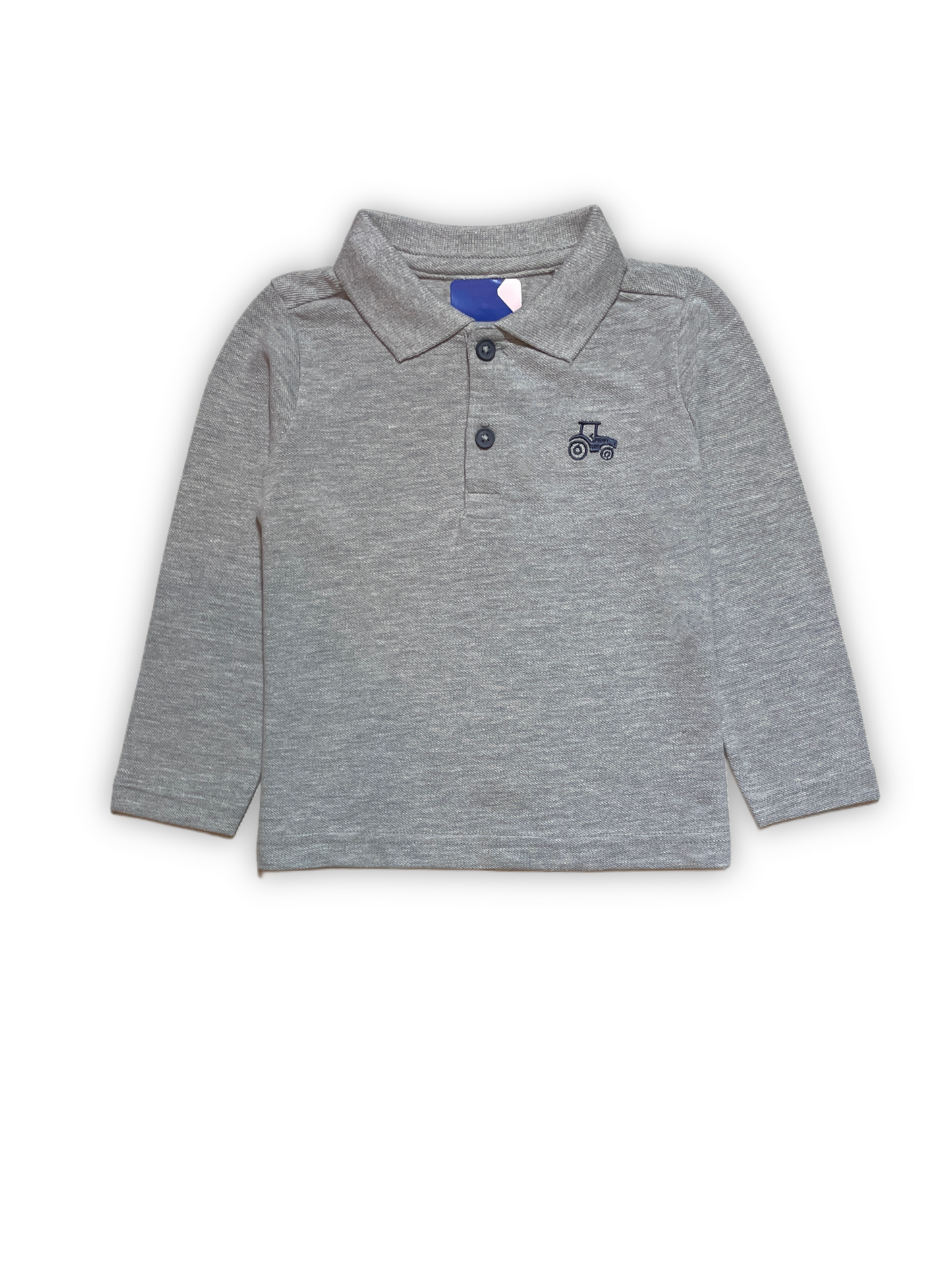 Grey Long Sleeve Polo with Tractor Embroidered on Chest.