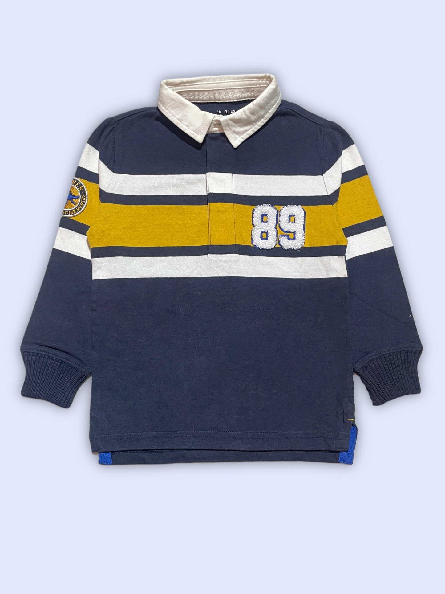 Navy Blue and Yellow Striped Rugby Shirt with Number 89 on the Chest.