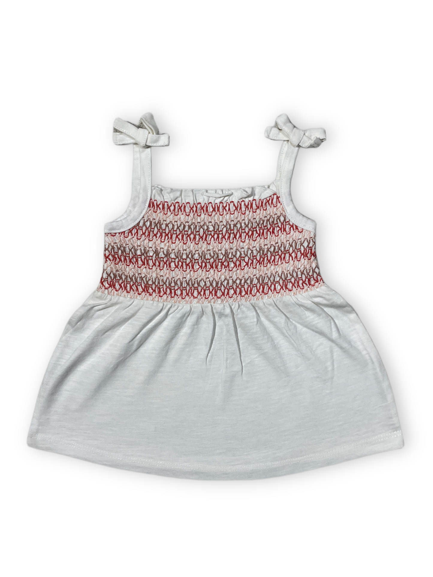 White Smocked Baby Dress with Red Embroidery