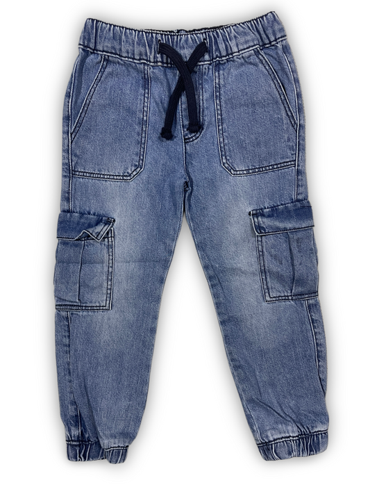 Blue Denim Cargo Pants with Drawstring Waist